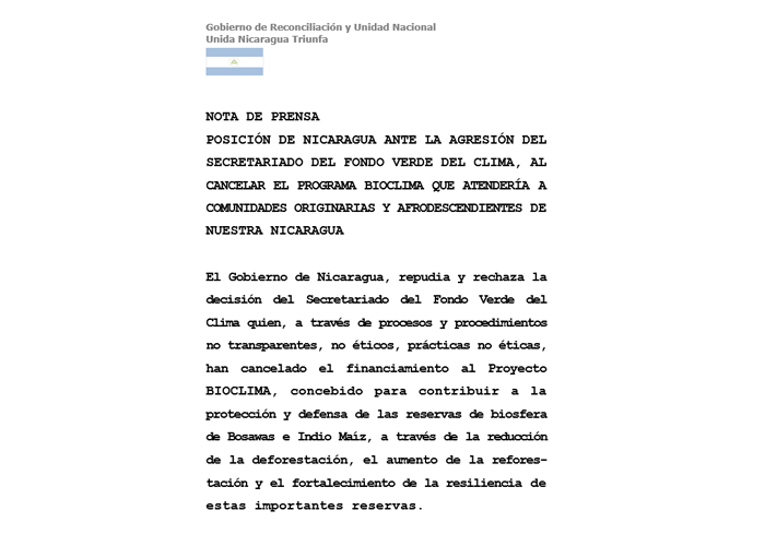 Gobierno de Nicaragua, repudia y rechaza la decisión del Secretariado del Fondo Verde del Clima