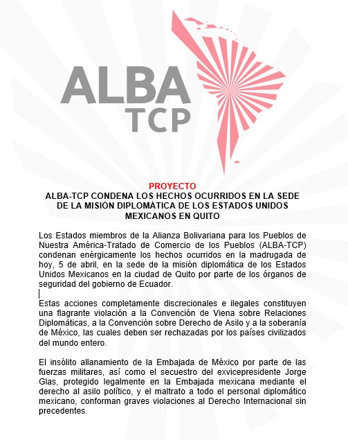 ALBA-TCP condena incidente en la sede diplomática de México en Quito