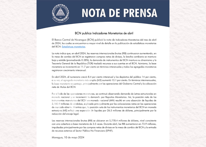 Foto:Banco Central de Nicaragua publica indicadores monetarios de abril 2024/Cortesía